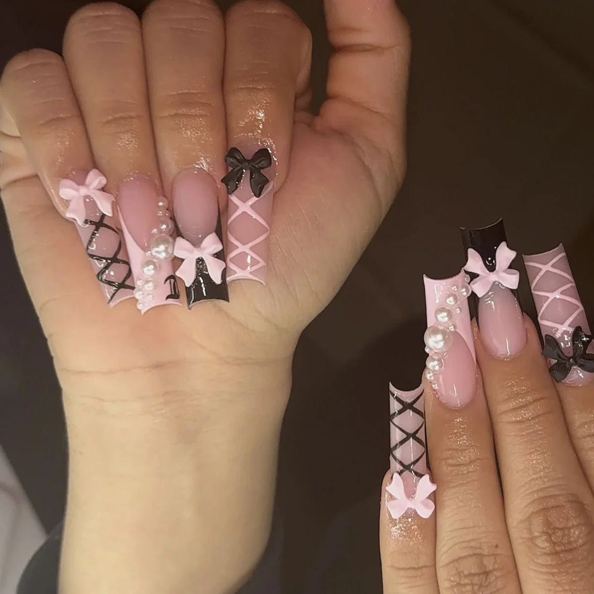 Press-On Nail Set Bow & Pearl Accents Chip-Resistant