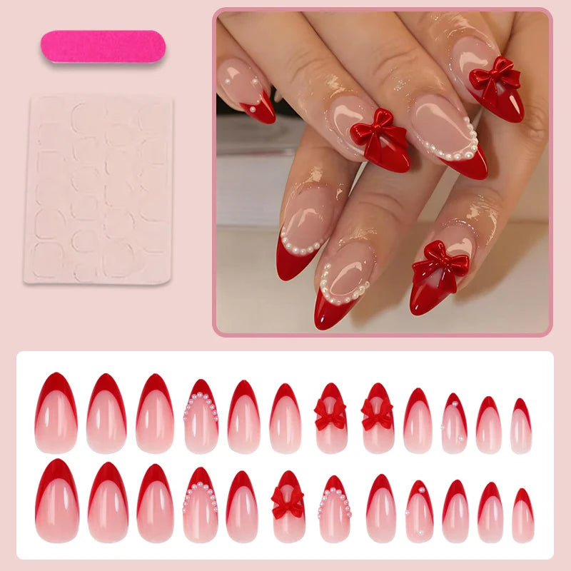 Press-On Nail Set Bow & Pearl Accents Easy Apply