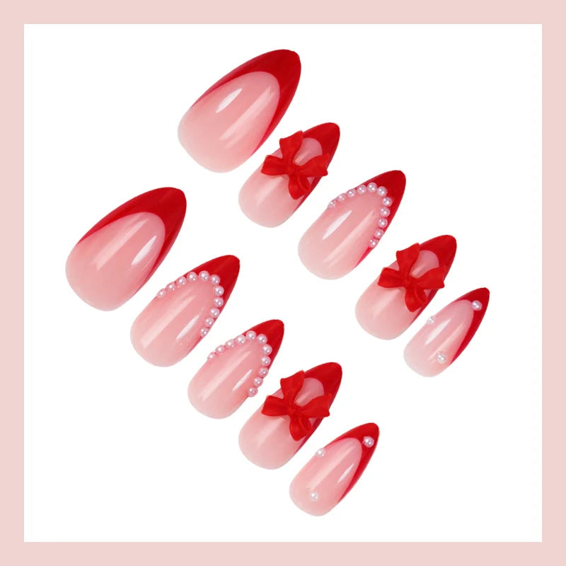 Press-On Nail Set Bow & Pearl Accents Easy Apply