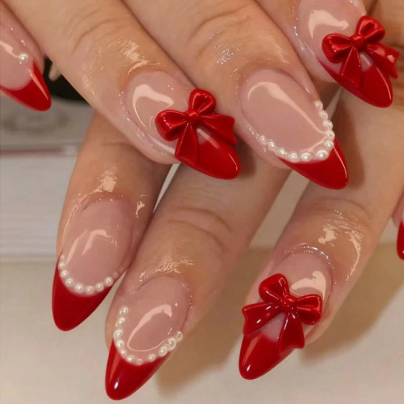 Press-On Nail Set Bow & Pearl Accents Easy Apply