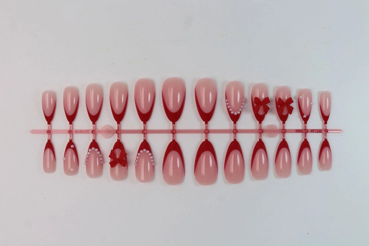 Press-On Nail Set Bow & Pearl Accents Easy Apply