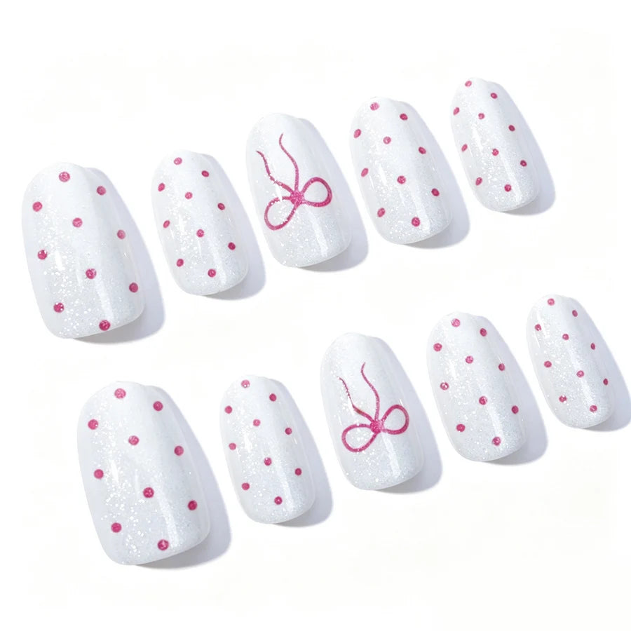 Press-On Nail Set Bow & Polka Dot Chip-Resistant