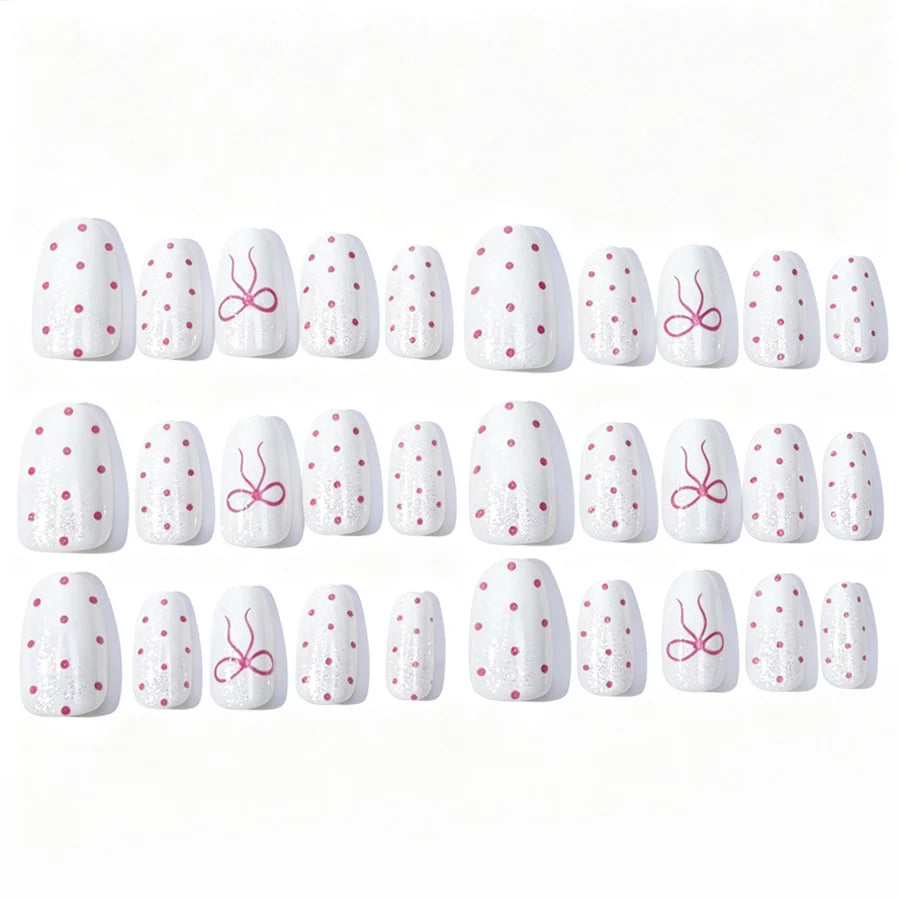 Press-On Nail Set Bow & Polka Dot Chip-Resistant
