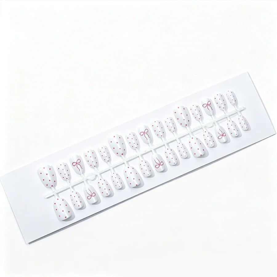 Press-On Nail Set Bow & Polka Dot Chip-Resistant