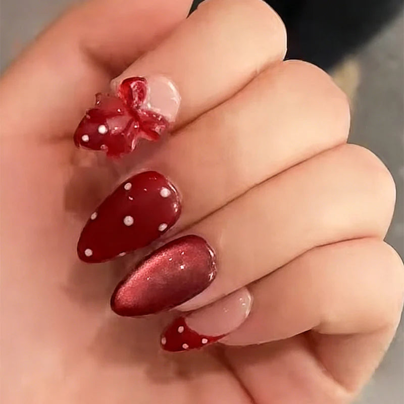 Press-On Nail Set Bow & Polka Dot Reusable