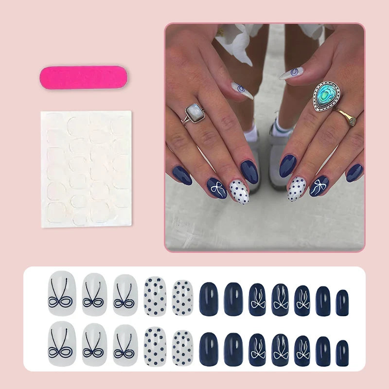 Press-On Nail Set Bow & Polka Dot Reusable