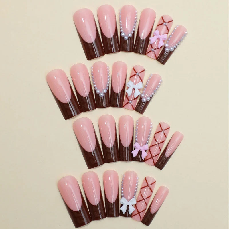 Press-On Nail Set Bows & Pearl Accents Adhesive Strips