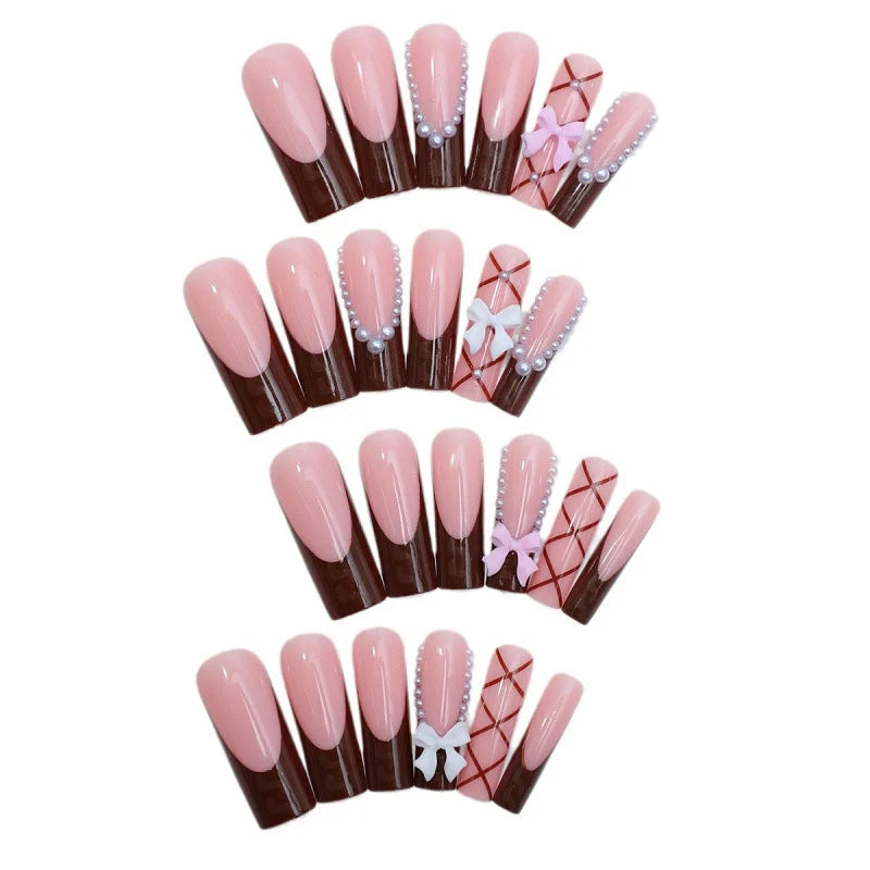 Press-On Nail Set Bows & Pearl Accents Adhesive Strips