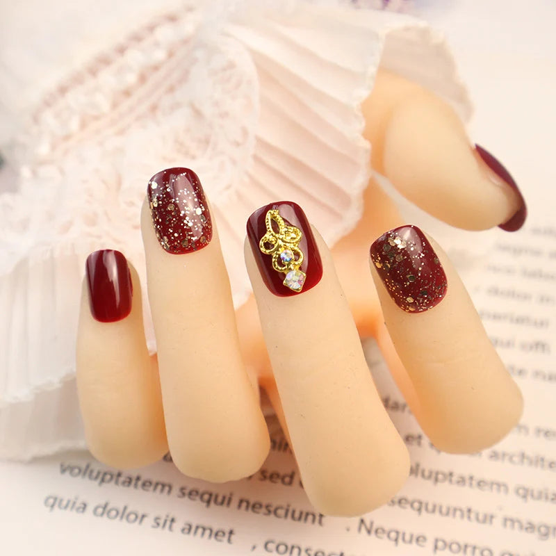 Press-On Nail Set Burgundy Glitter & Gem Accents Reusable