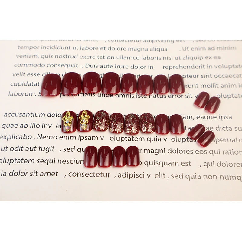 Press-On Nail Set Burgundy Glitter & Gem Accents Reusable