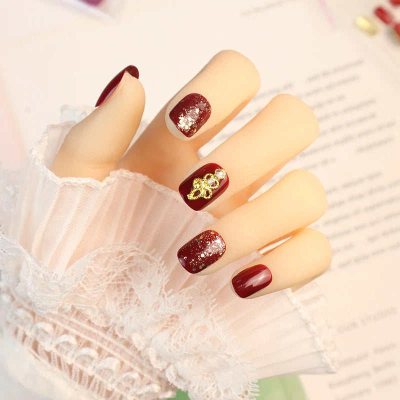 Press-On Nail Set Burgundy Glitter & Gem Accents Reusable