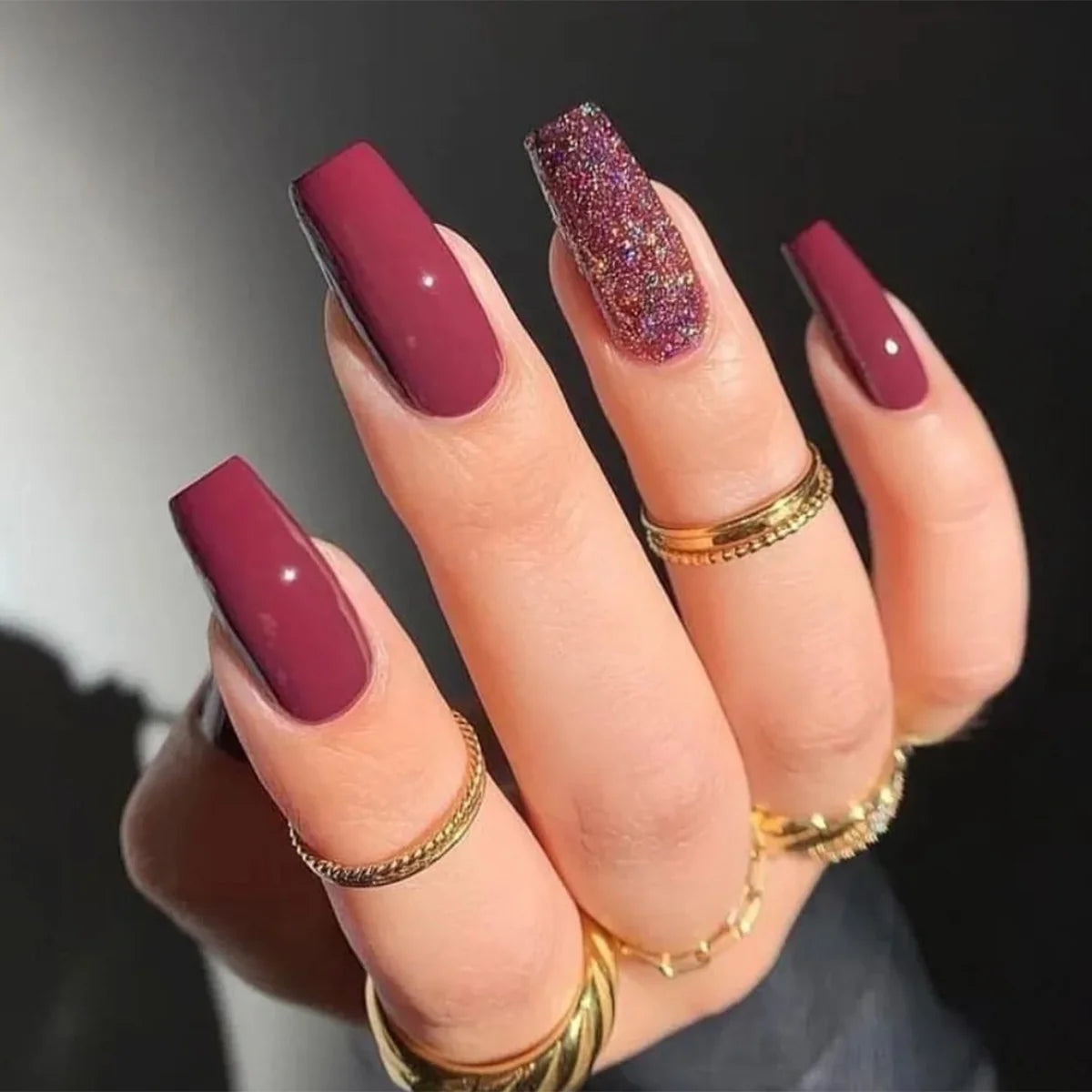 Press-On Nail Set Burgundy Glitter Peel & Stick Comfort Fit