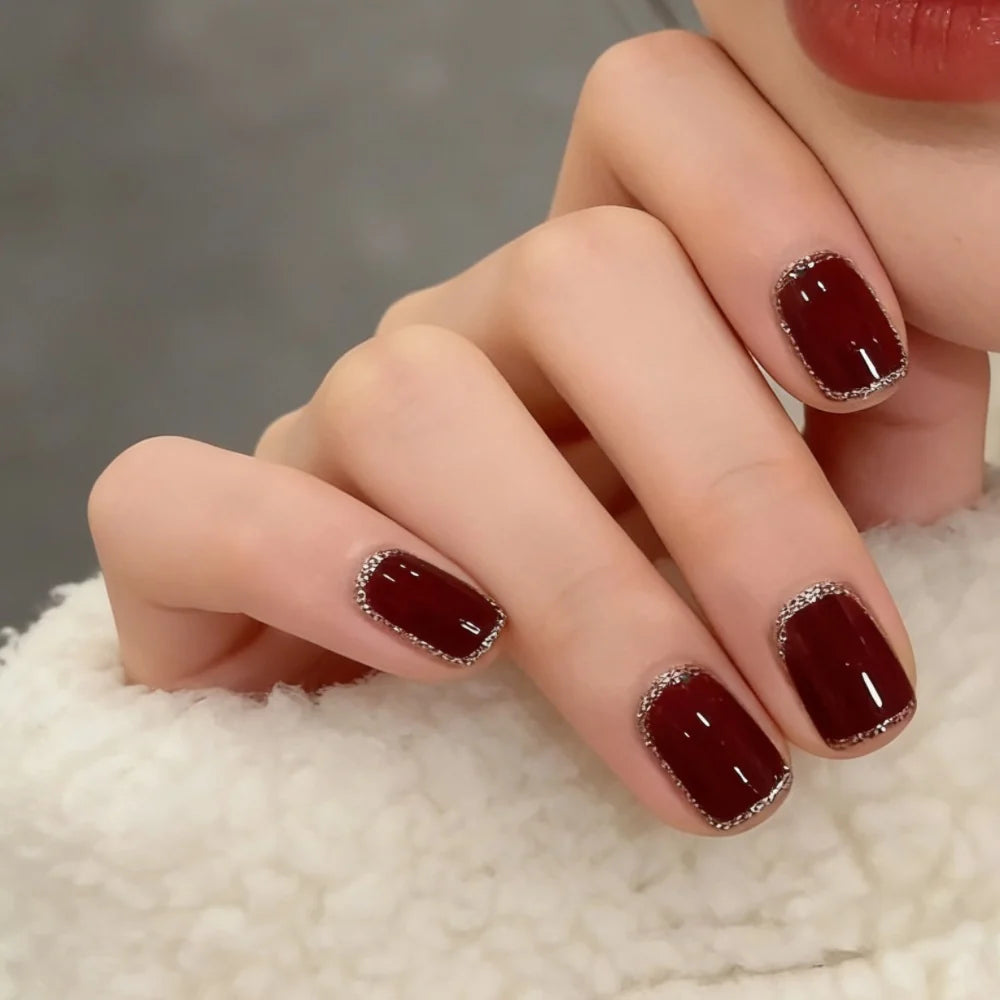 Press-On Nail Set Burgundy Glue-Free Kit