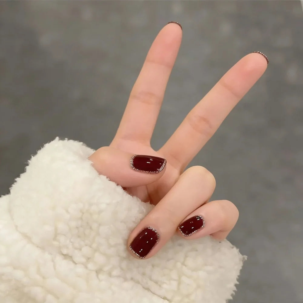 Press-On Nail Set Burgundy Glue-Free Kit