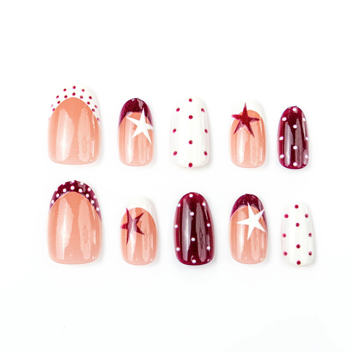 Press-On Nail Set Burgundy Star & Dot Self-Adhesive