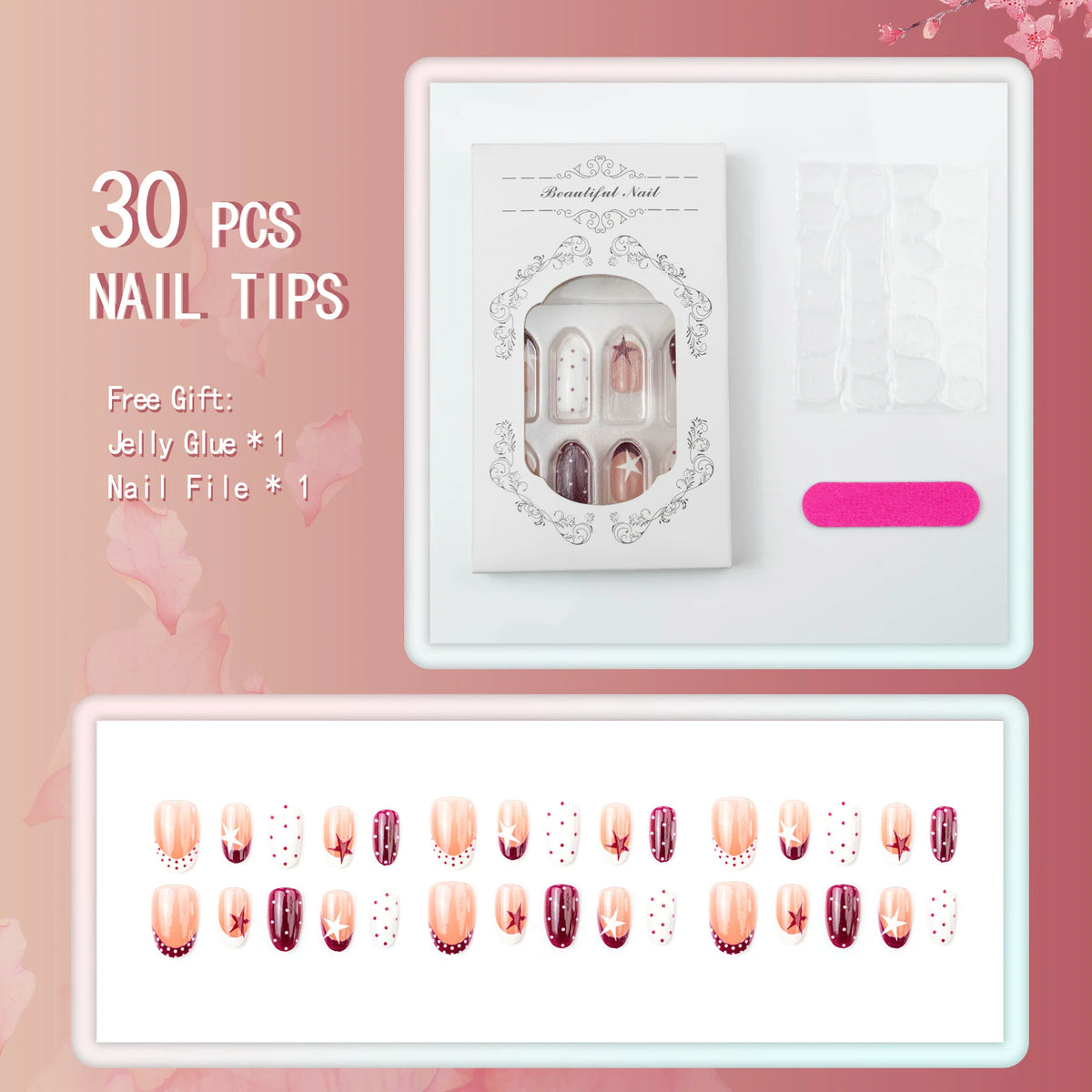 Press-On Nail Set Burgundy Star & Dot Self-Adhesive