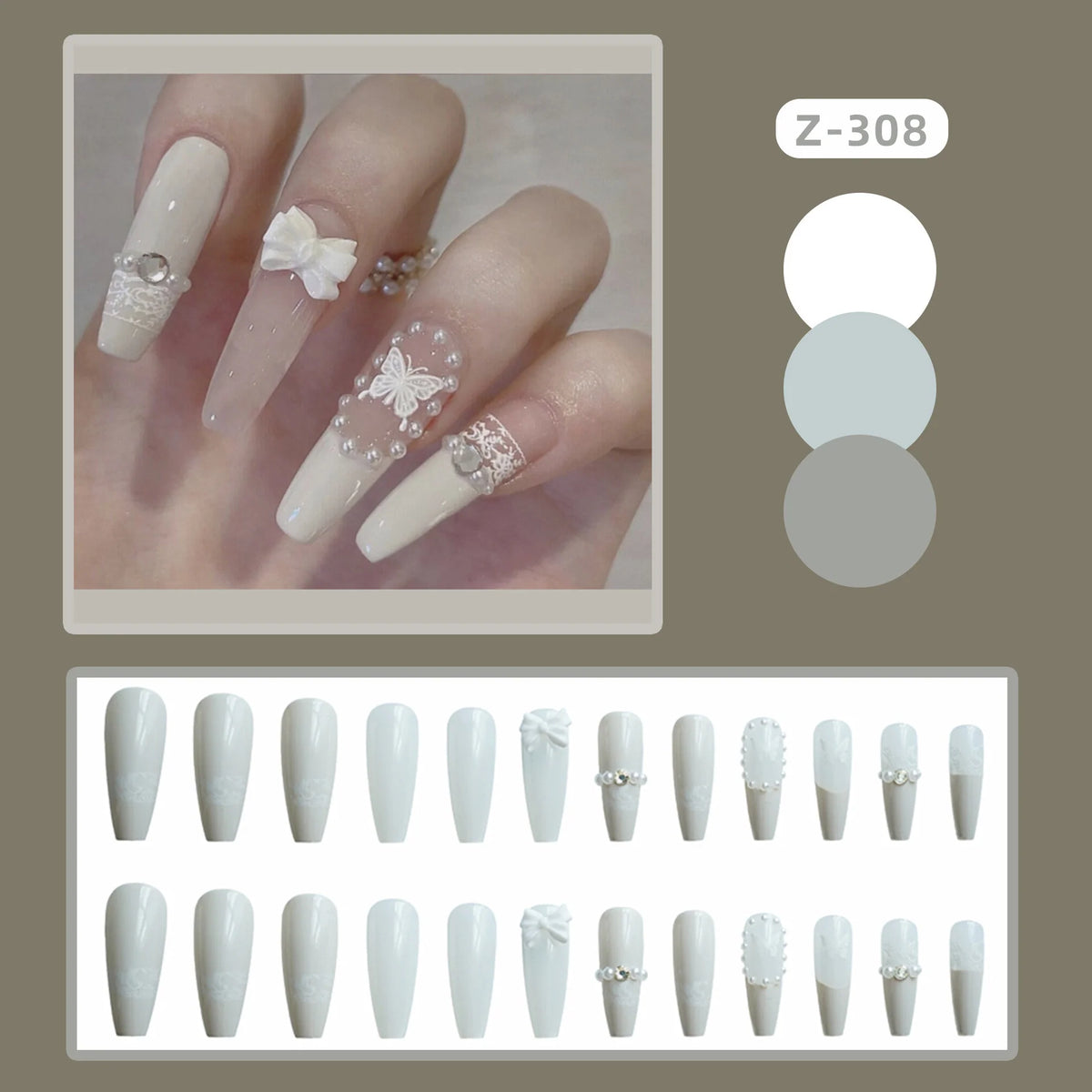 Press-On Nail Set Butterfly Accent Gray