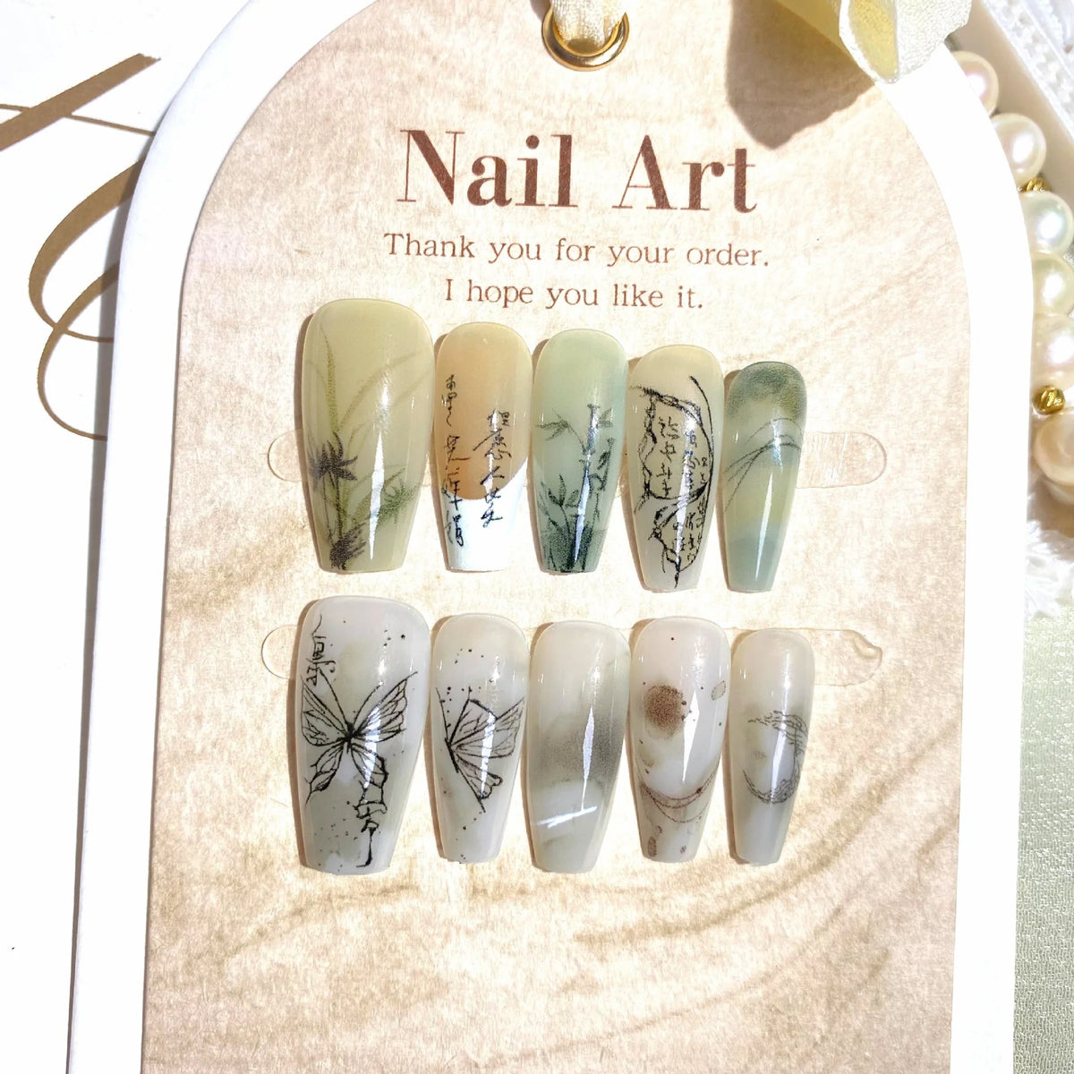 Press-On Nail Set Butterfly & Bamboo Designs