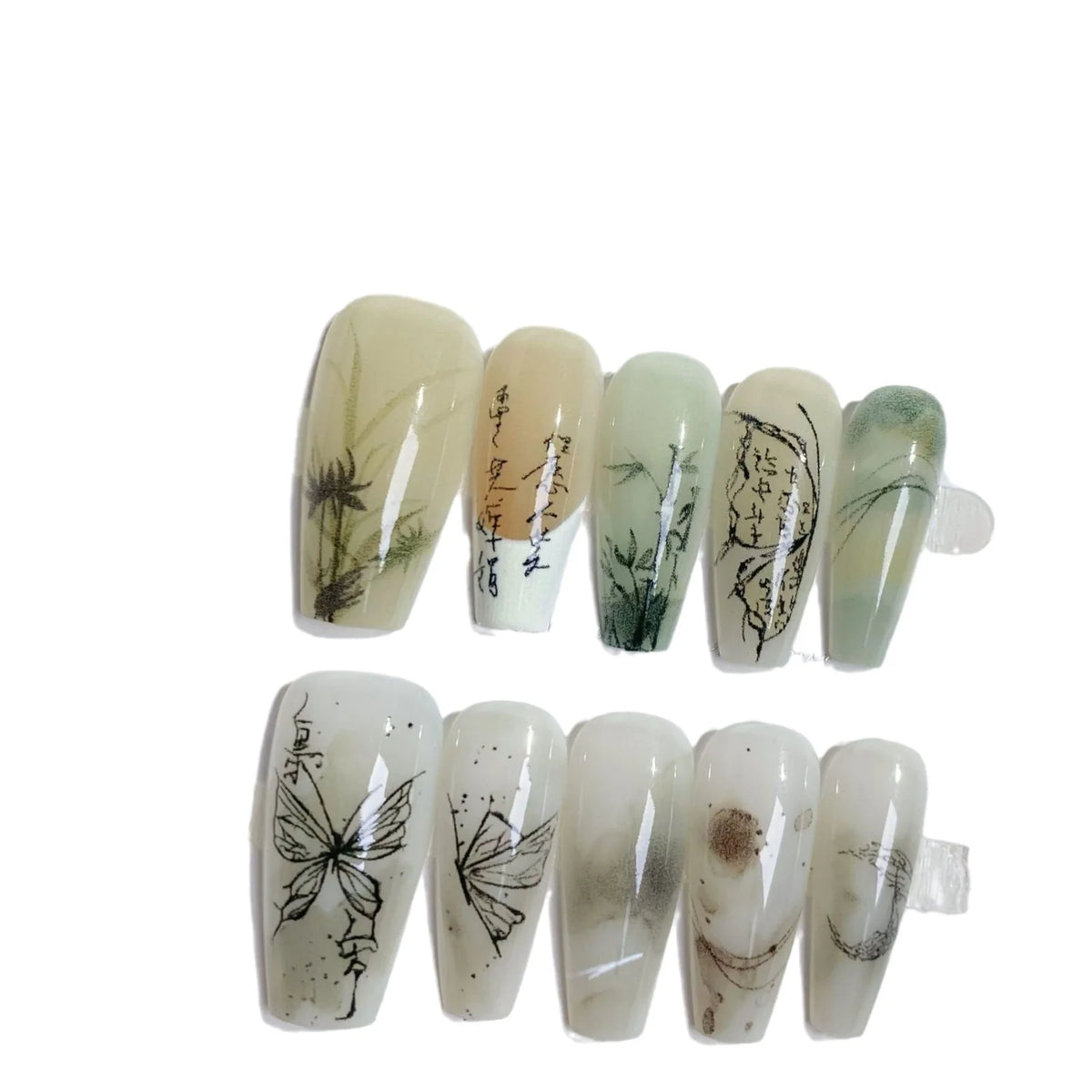 Press-On Nail Set Butterfly & Bamboo Designs