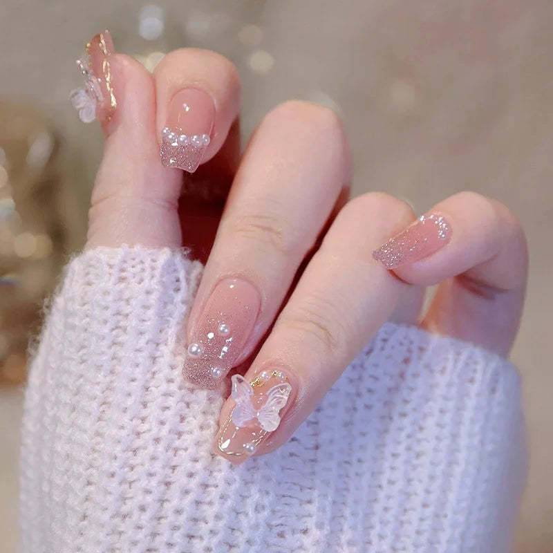 Press-On Nail Set Butterfly Design & Strong Adhesive