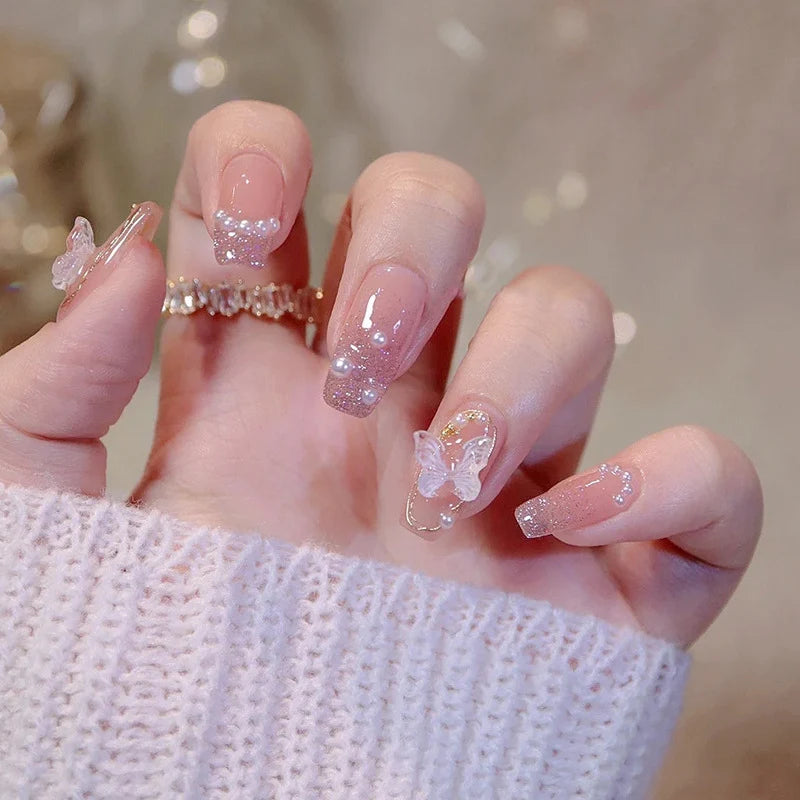 Press-On Nail Set Butterfly Design & Strong Adhesive