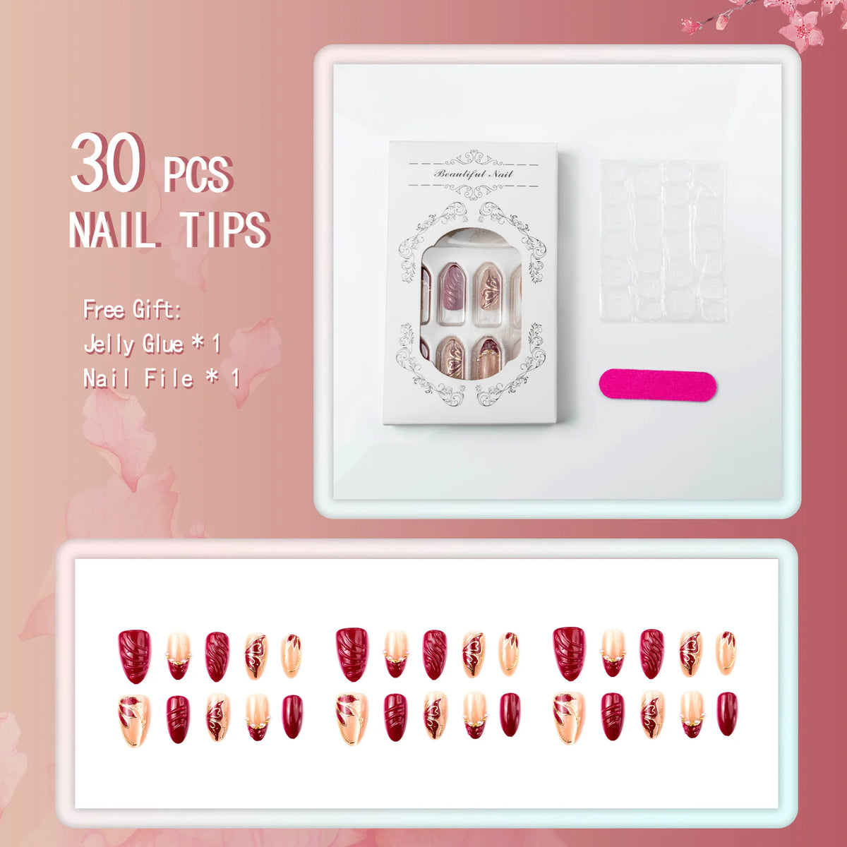 Press-On Nail Set Butterfly & Pearl Accents Adhesive Tabs