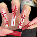 Press-On Nail Set Candy Cane Design Red Glitter