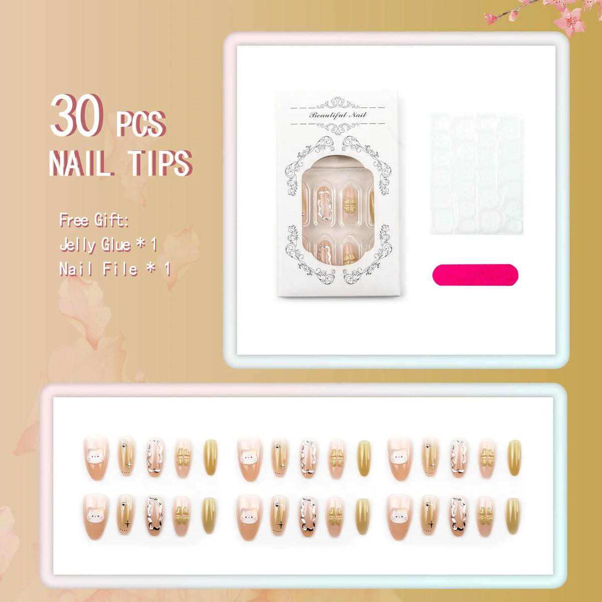 Press-On Nail Set Cat Designs No-Glue & Reusable