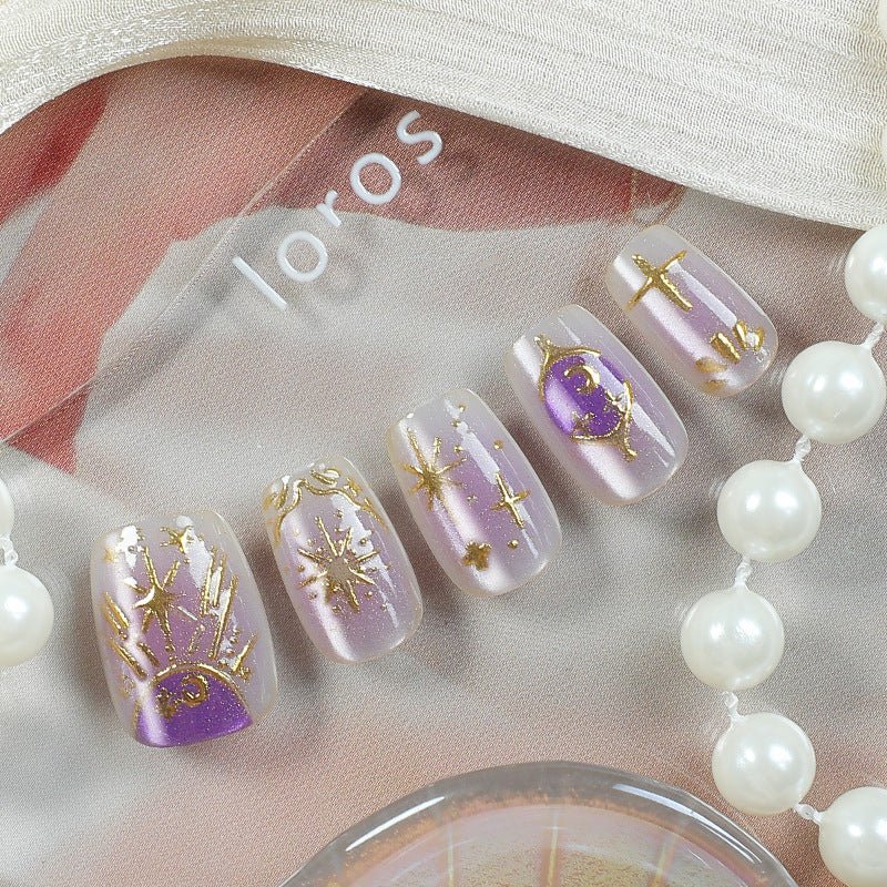 Press-On Nail Set Celestial Design Glue-Free & Long-Lasting