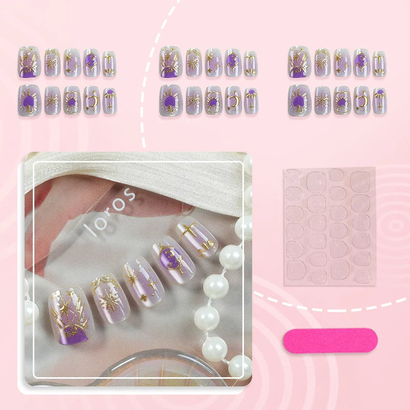 Press-On Nail Set Celestial Design Glue-Free & Long-Lasting