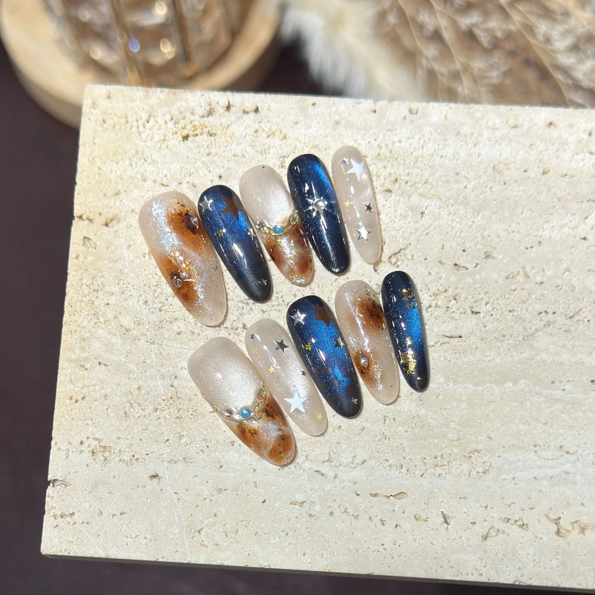 Press-On Nail Set Celestial Design Long Oval Reusable