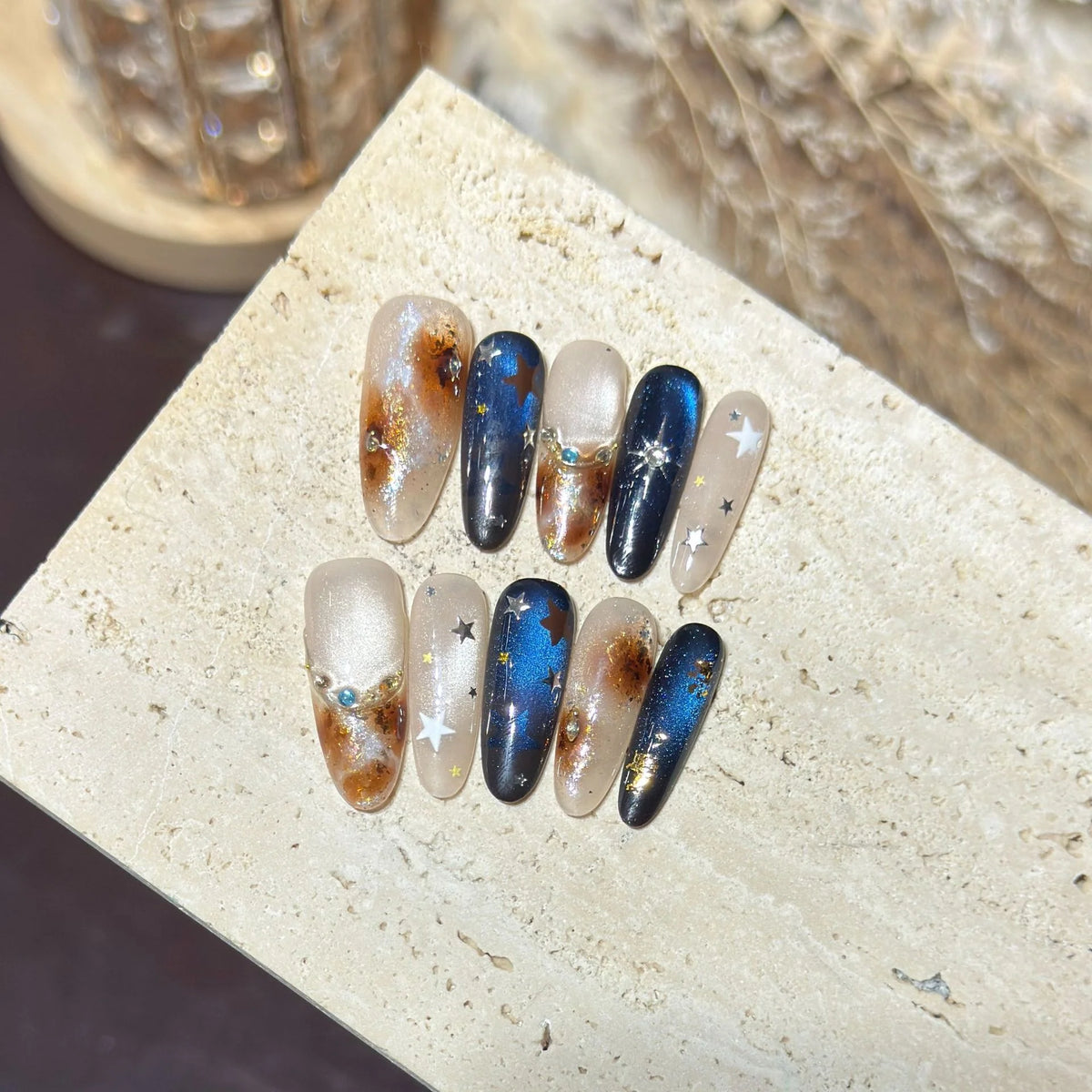 Press-On Nail Set Celestial Design Long Oval Reusable