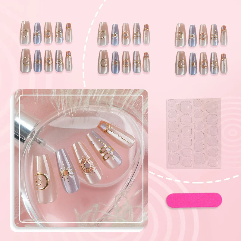 Press-On Nail Set Celestial Designs Glue & Multiple Sizes