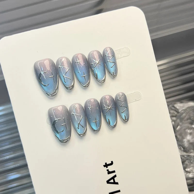 Press-On Nail Set Celestial Gradient Silver Star Accents