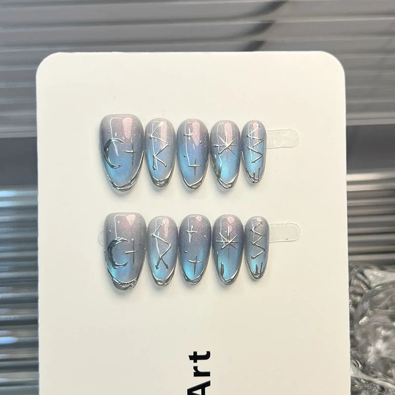 Press-On Nail Set Celestial Gradient Silver Star Accents