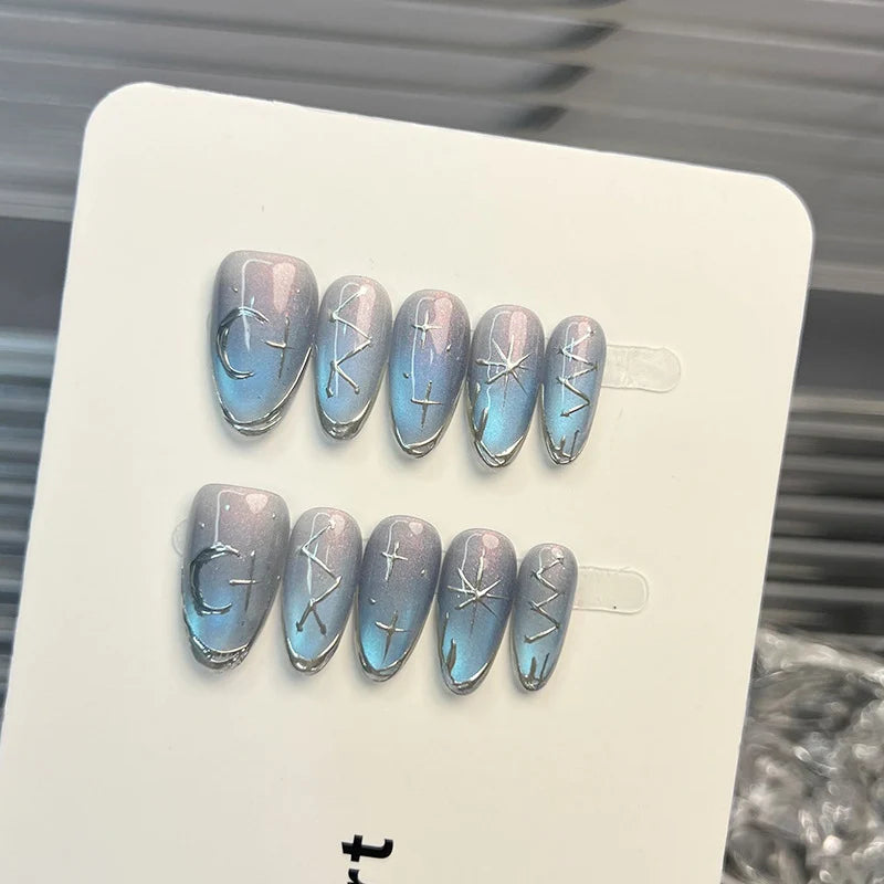 Press-On Nail Set Celestial Gradient Silver Star Accents