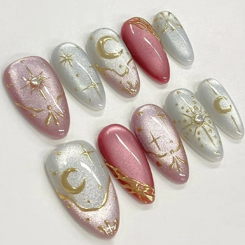 Press-On Nail Set Celestial & Metallic Designs Easy Application
