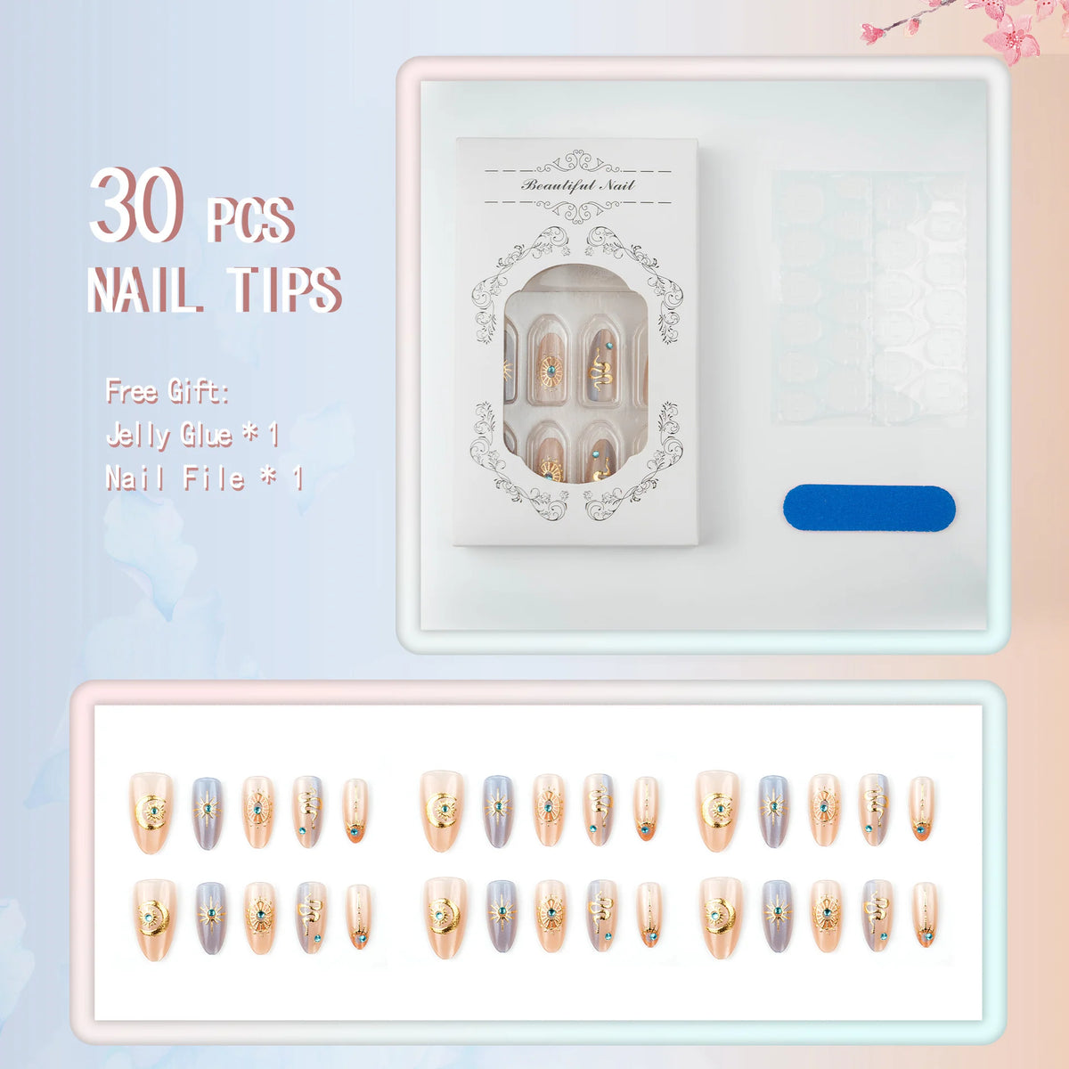 Press-On Nail Set Celestial Moon & Star Reusable & Easy Application
