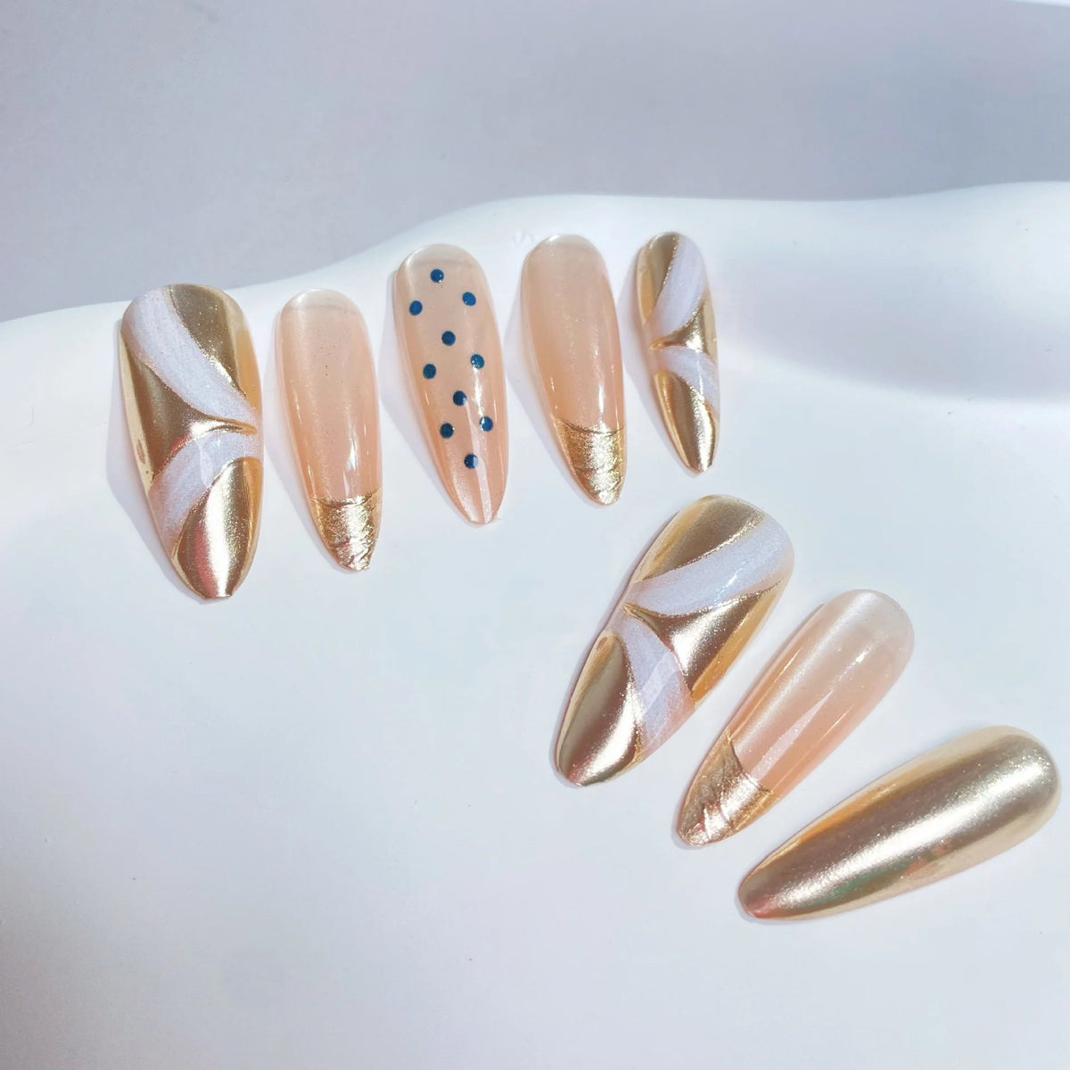 Press-On Nail Set Champagne Gold Accents Glue-Free
