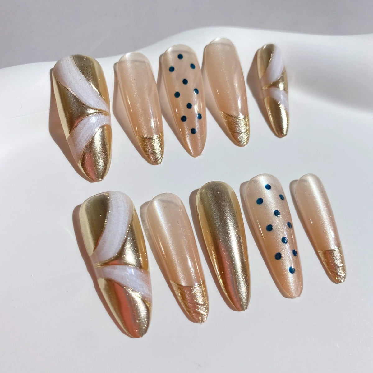 Press-On Nail Set Champagne Gold Accents Glue-Free