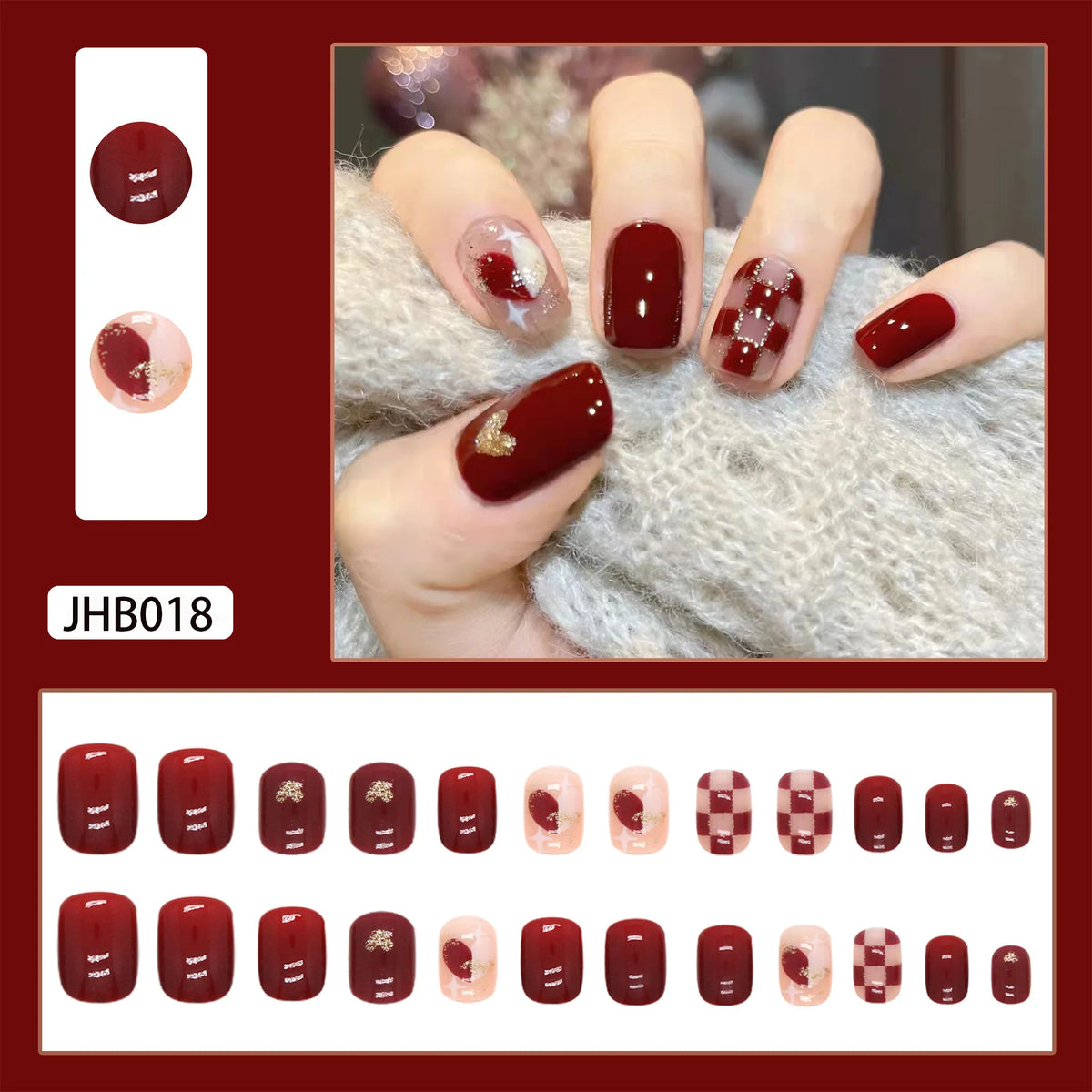 Press-On Nail Set Checkered & Glitter Self-Adhesive Reusable