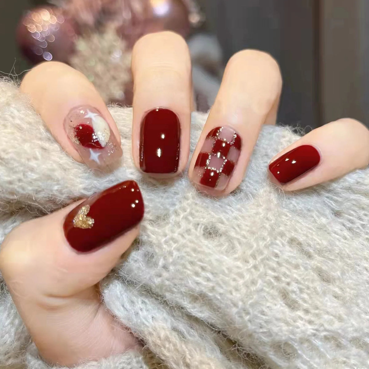 Press-On Nail Set Checkered & Glitter Self-Adhesive Reusable