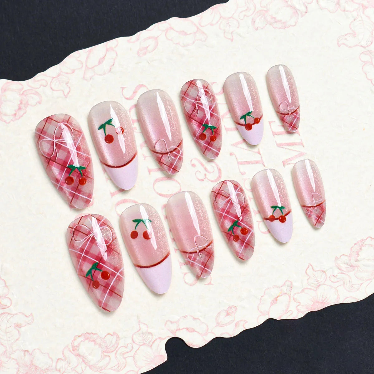 Press-On Nail Set Cherry Blossom 24-Piece Pre-Applied Adhesive