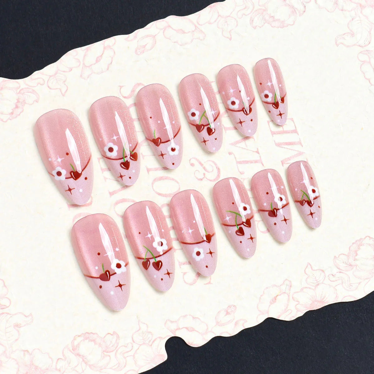 Press-On Nail Set Cherry Blossom 24-Piece Pre-Applied Adhesive