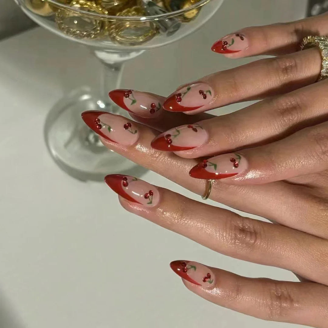Press-On Nail Set Cherry Blossom Accent Durable Acrylic