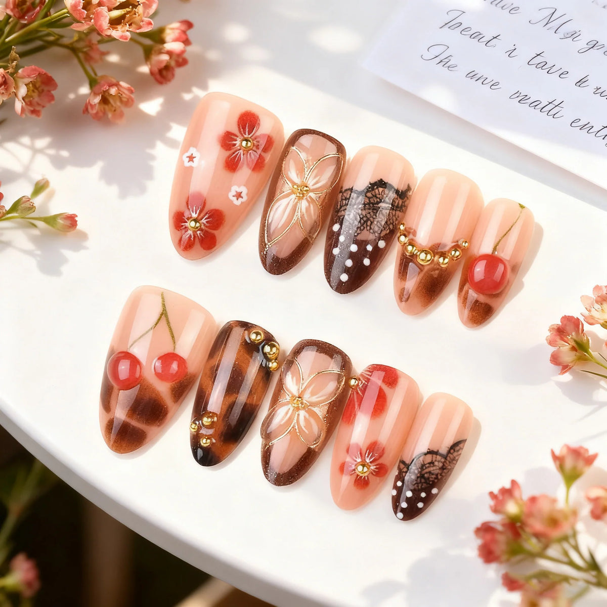 Press-On Nail Set Cherry Blossom Art No-Glue Salon-Quality