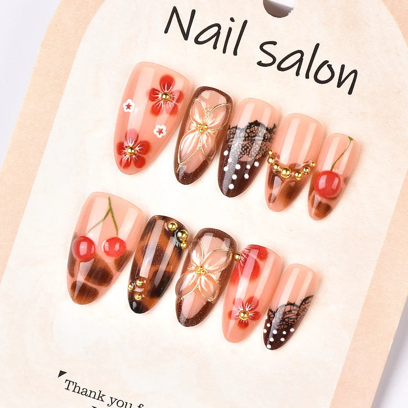 Press-On Nail Set Cherry Blossom Art No-Glue Salon-Quality