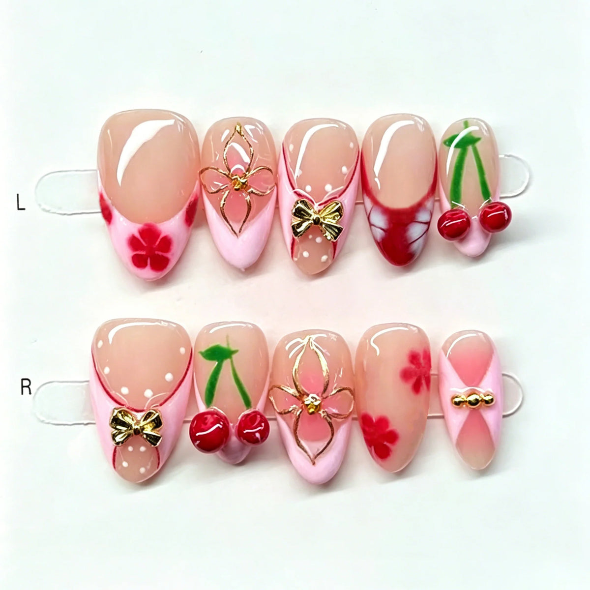 Press-On Nail Set Cherry Blossom & Bow Self-Adhesive