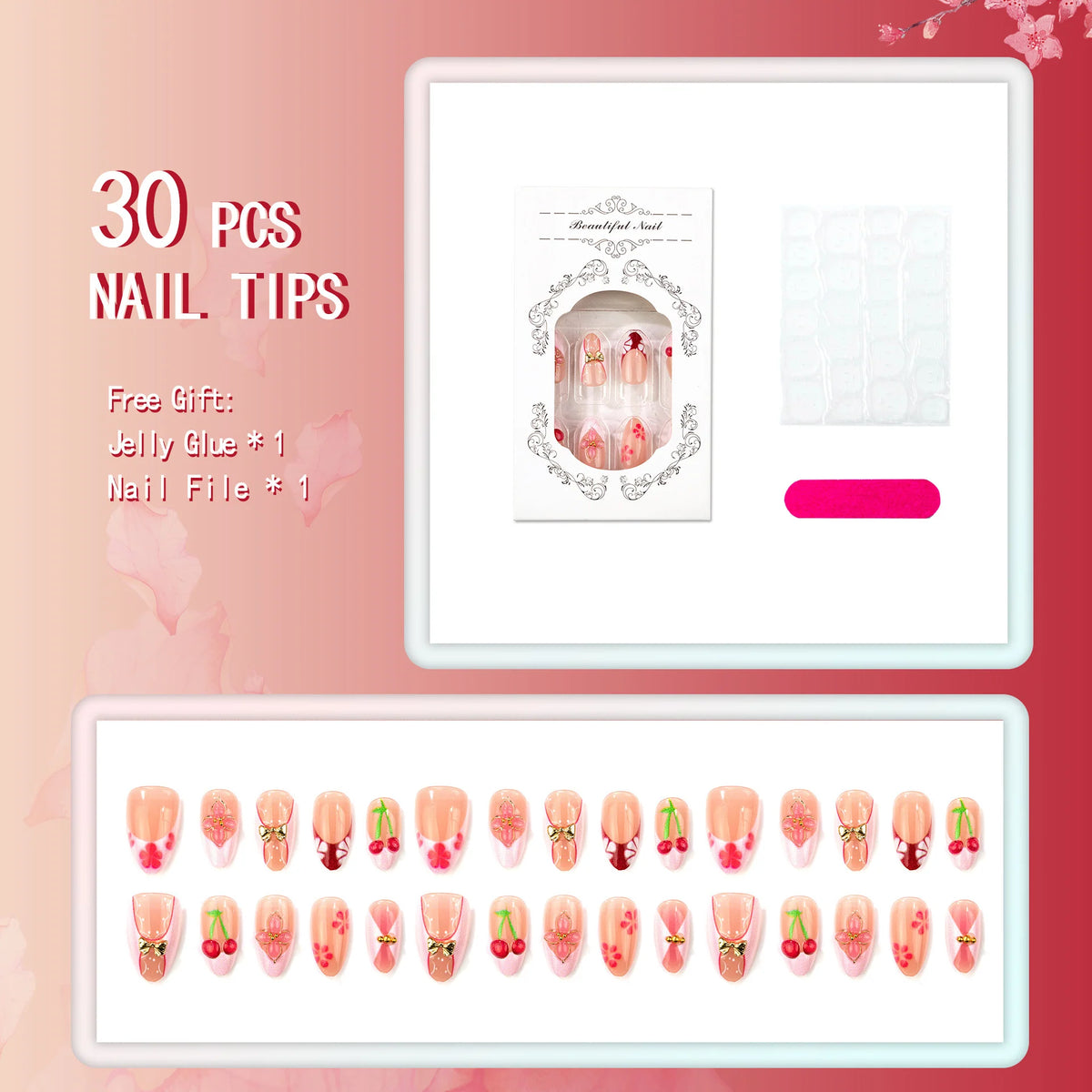 Press-On Nail Set Cherry Blossom & Bow Self-Adhesive