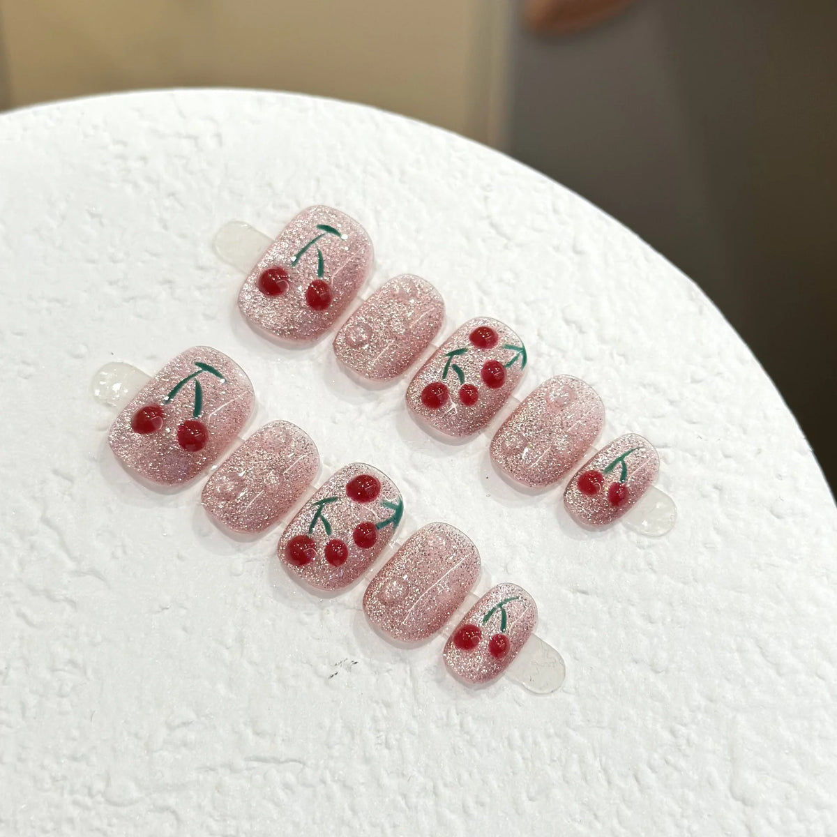 Press-On Nail Set Cherry Blossom & Crystal Accents